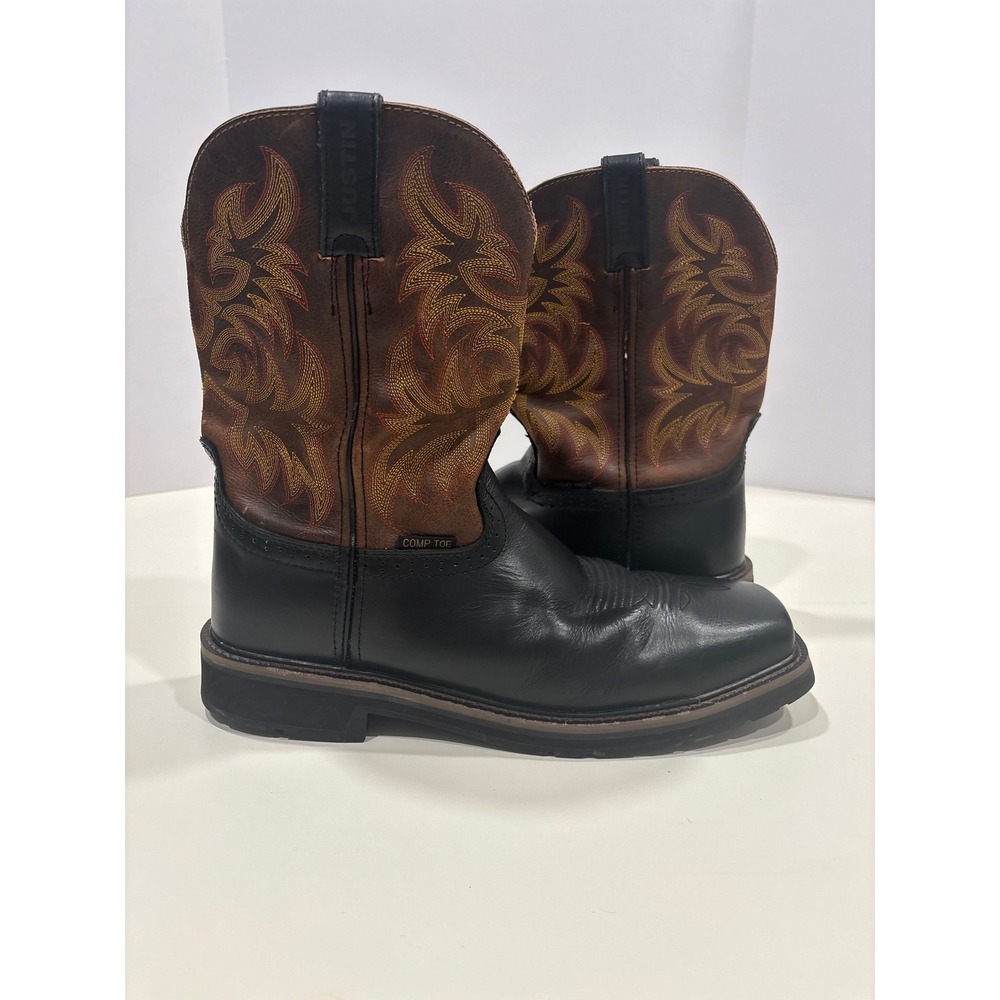 Justin Men's WK4818 Composite Toe Western Work Boots Black Brown Leather 12D